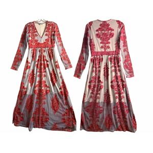Yichengsenlin Temeculum Style Pale Blue Maxi Dress Burgundy Embroidery Women's M